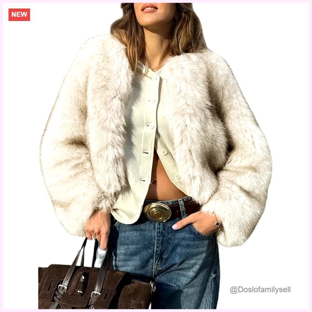 Cropped Faux Fur Jacket Open Front Winter Outerwear Women's Size S M L